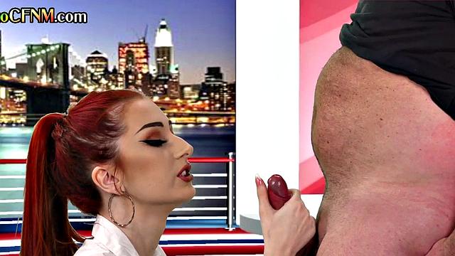 CFNM British amateur babe gives BJ in live TV show