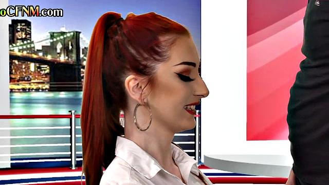 CFNM British amateur babe gives BJ in live TV show