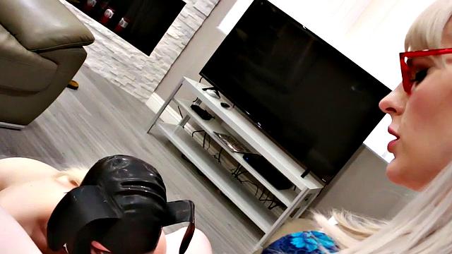 Bonded submissive obeying her trans mistress