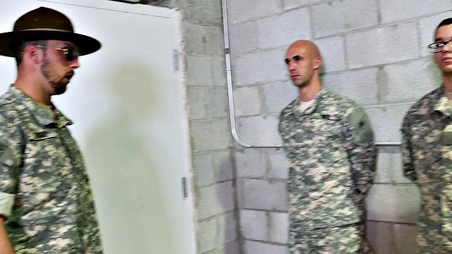 Amateur military jock barebacked in toilet three some