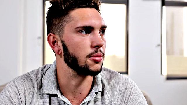 Tattooed stud stroking hairy shaft during solo scene