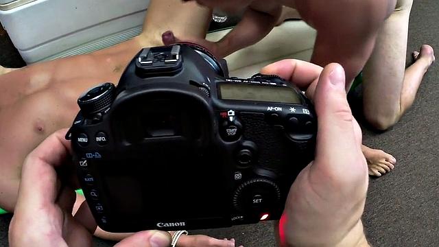 Pawnshop stud with abs fucked in stockroom in 3some after BJ