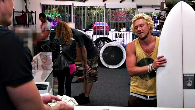 Pawnshop stud with abs fucked in stockroom in 3some after BJ