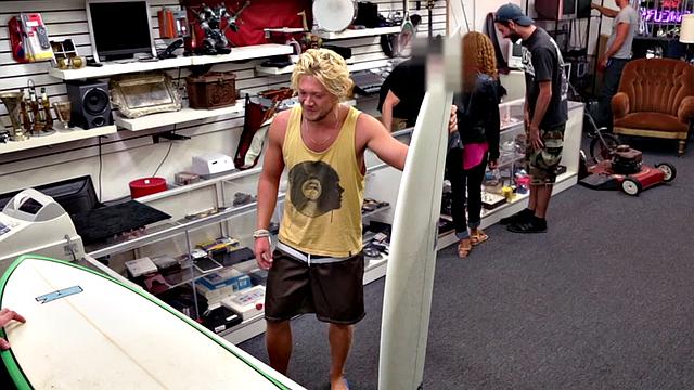 Pawnshop stud with abs fucked in stockroom in 3some after BJ