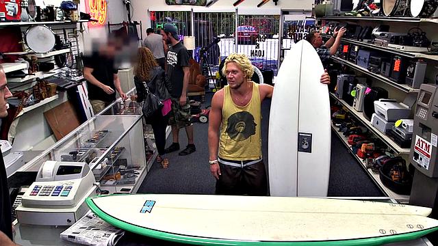 Pawnshop stud with abs fucked in stockroom in 3some after BJ