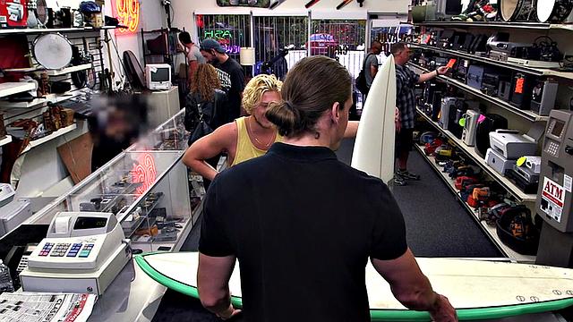 Pawnshop stud with abs fucked in stockroom in 3some after BJ