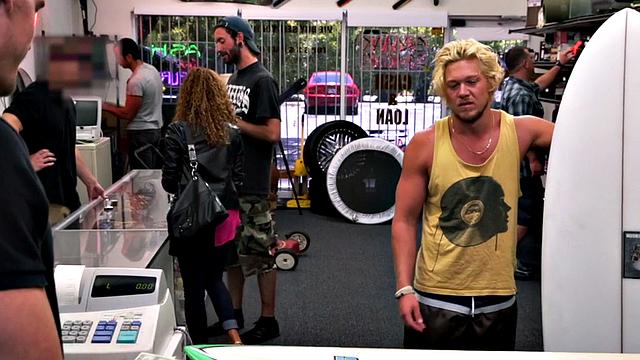 Pawnshop stud with abs fucked in stockroom in 3some after BJ