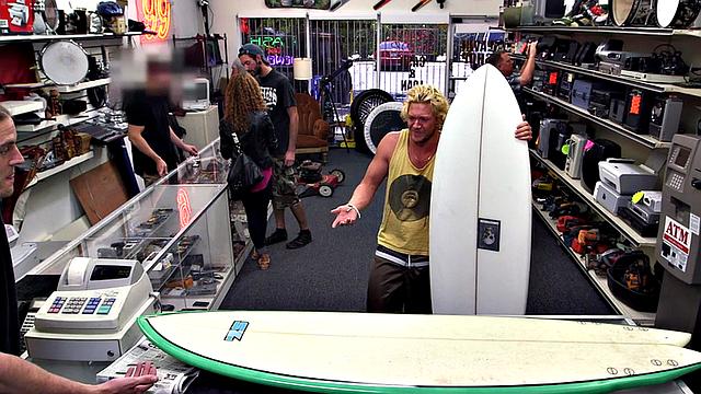 Pawnshop stud with abs fucked in stockroom in 3some after BJ