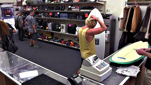 Pawnshop stud with abs fucked in stockroom in 3some after BJ