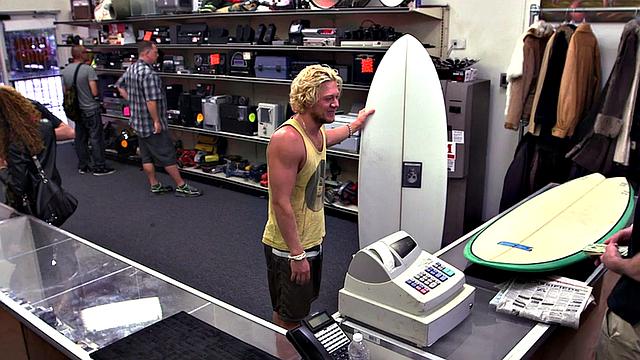 Pawnshop stud with abs fucked in stockroom in 3some after BJ