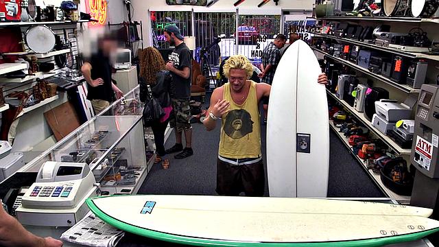 Pawnshop stud with abs fucked in stockroom in 3some after BJ