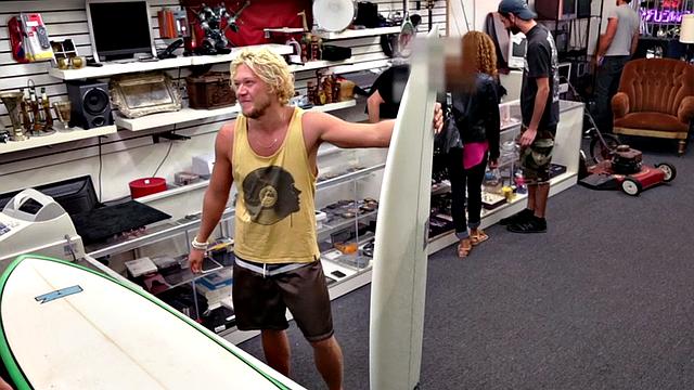 Pawnshop stud with abs fucked in stockroom in 3some after BJ