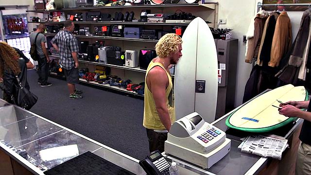 Pawnshop stud with abs fucked in stockroom in 3some after BJ