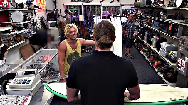 Pawnshop stud with abs fucked in stockroom in 3some after BJ