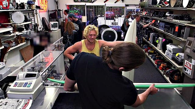 Pawnshop stud with abs fucked in stockroom in 3some after BJ