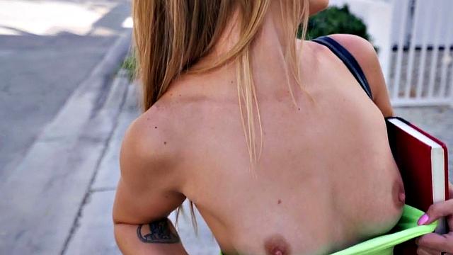 Horny blonde teen gets her trimmed pussy pounded outdoors before getting her pussy drilled in POV