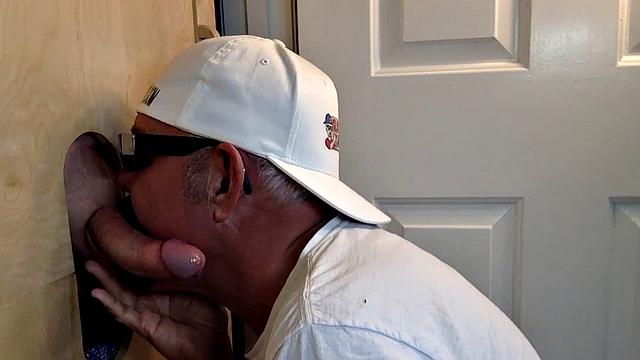 Gloryhole DILF sucks and wanks shaved rod before sex