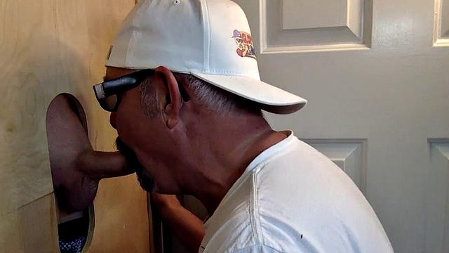 Gloryhole DILF sucks and wanks shaved rod before sex