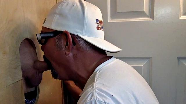 Gloryhole DILF sucks and wanks shaved rod before sex