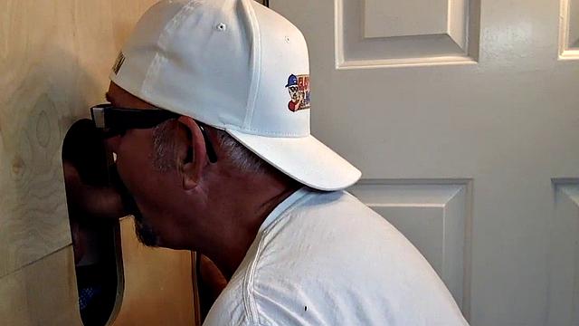 Gloryhole DILF sucks and wanks shaved rod before sex