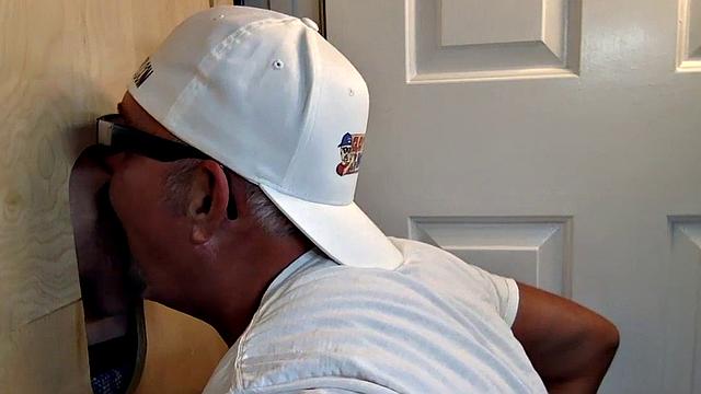 Gloryhole DILF sucks and wanks shaved rod before sex