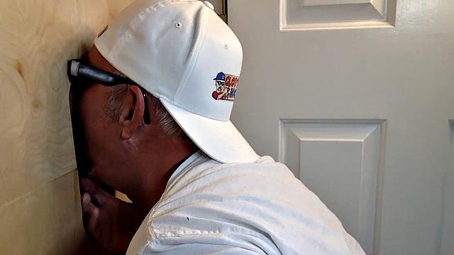 Gloryhole DILF sucks and wanks shaved rod before sex