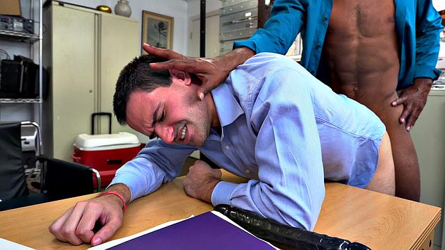 Hairy ass stud barebacked in office by BBC jock with abs