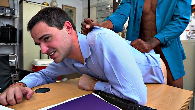 Hairy ass stud barebacked in office by BBC jock with abs