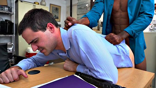 Hairy ass stud barebacked in office by BBC jock with abs
