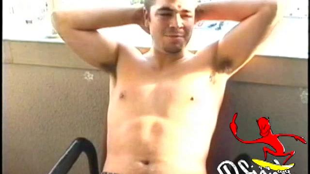 It's a beautiful day to jack off outside, so Tony Hammer invites us to watch. He leans back on a chair, stretches out his legs and pounds his hard meat. While stroking with determination, Tony abruptly stands up.