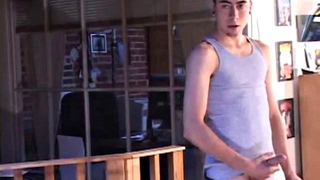 Luke Daniels jerks off in the garage. He works the length of his cock, and edges himself, until he pops a big wet one onto the floor