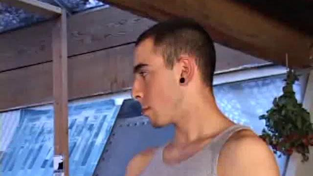 Luke Daniels jerks off in the garage. He works the length of his cock, and edges himself, until he pops a big wet one onto the floor