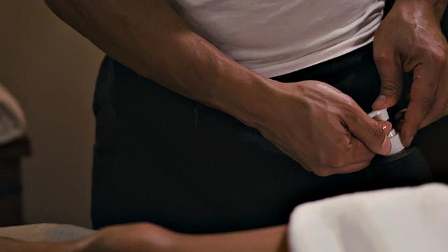 Busty trans beauty sucking masseur before riding cock