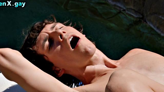 Manly jock with athletic body fucks on outdoor pool