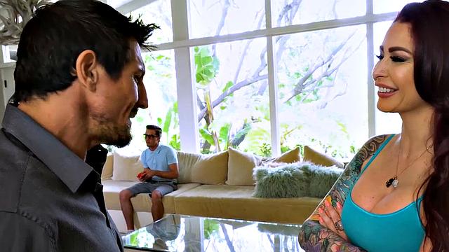 Tattooed stepmom sucks and gets fucked in taboo 3some