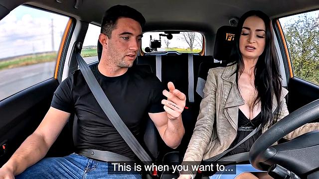 Public driving babe with big boobs banged outdoor in car