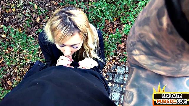 Skinny babe sucks outdoor in public before getting fucked