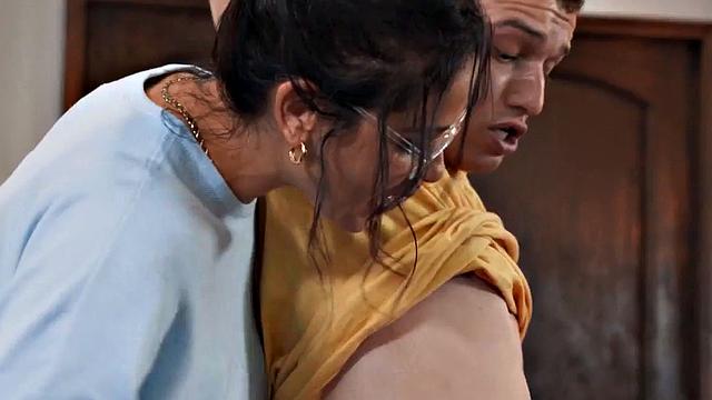 Busty MILF helps stepson in threesome and teaches him to fuck