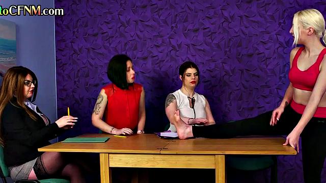 CFNM dominant British ladies suck and wank rod in group