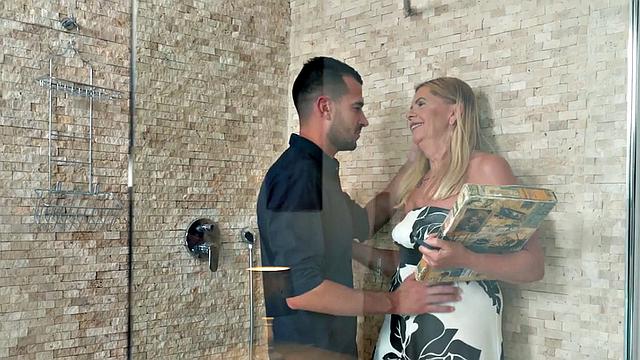 Naughty realtor gets fingered in shower before getting pussy pounded on sofa