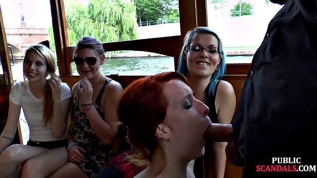 Redhead cougar cockriding on boat