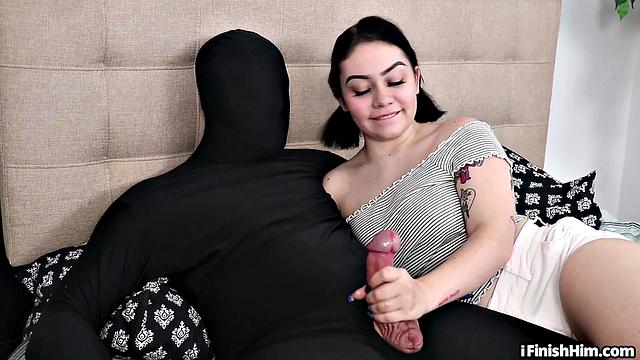 Femdom tattooed babe wanks cock of her horny costumed BF