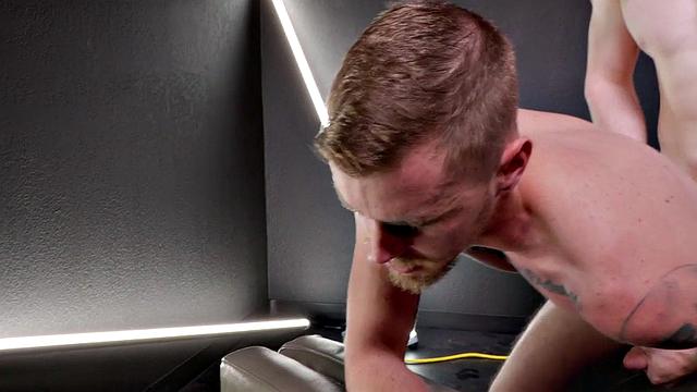 Tattoo jock sucks then raw drilled by muscled top