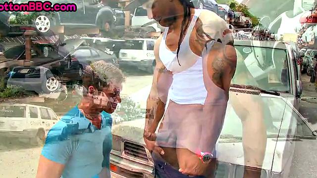 Muscled Black thug picked up and banged outdoor