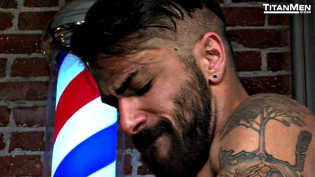 Adam Ramzi gets a trim and some ass from Mitch Vaughn in the barber chair