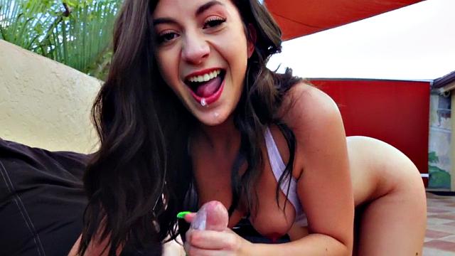 POV blowjob and reverse cowgirl with a sexy brunette in a thong