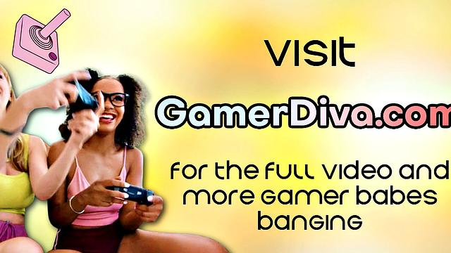 Lesbian gamer babe gets eaten out by her BFF on couch