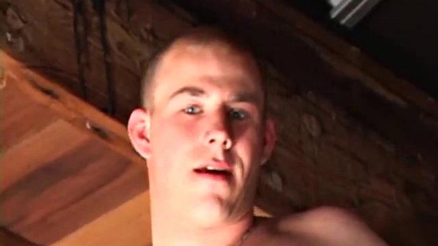 Perched in the rafters of an old garage, Cory Woodall begins stroking his dick. It doesn't take very long for a massive drop of cum t ohit the floor below.
