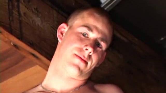 Perched in the rafters of an old garage, Cory Woodall begins stroking his dick. It doesn't take very long for a massive drop of cum t ohit the floor below.