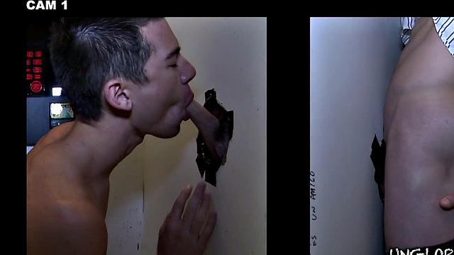 Real straight dude at gloryhole sucked by twink till cum in mouth